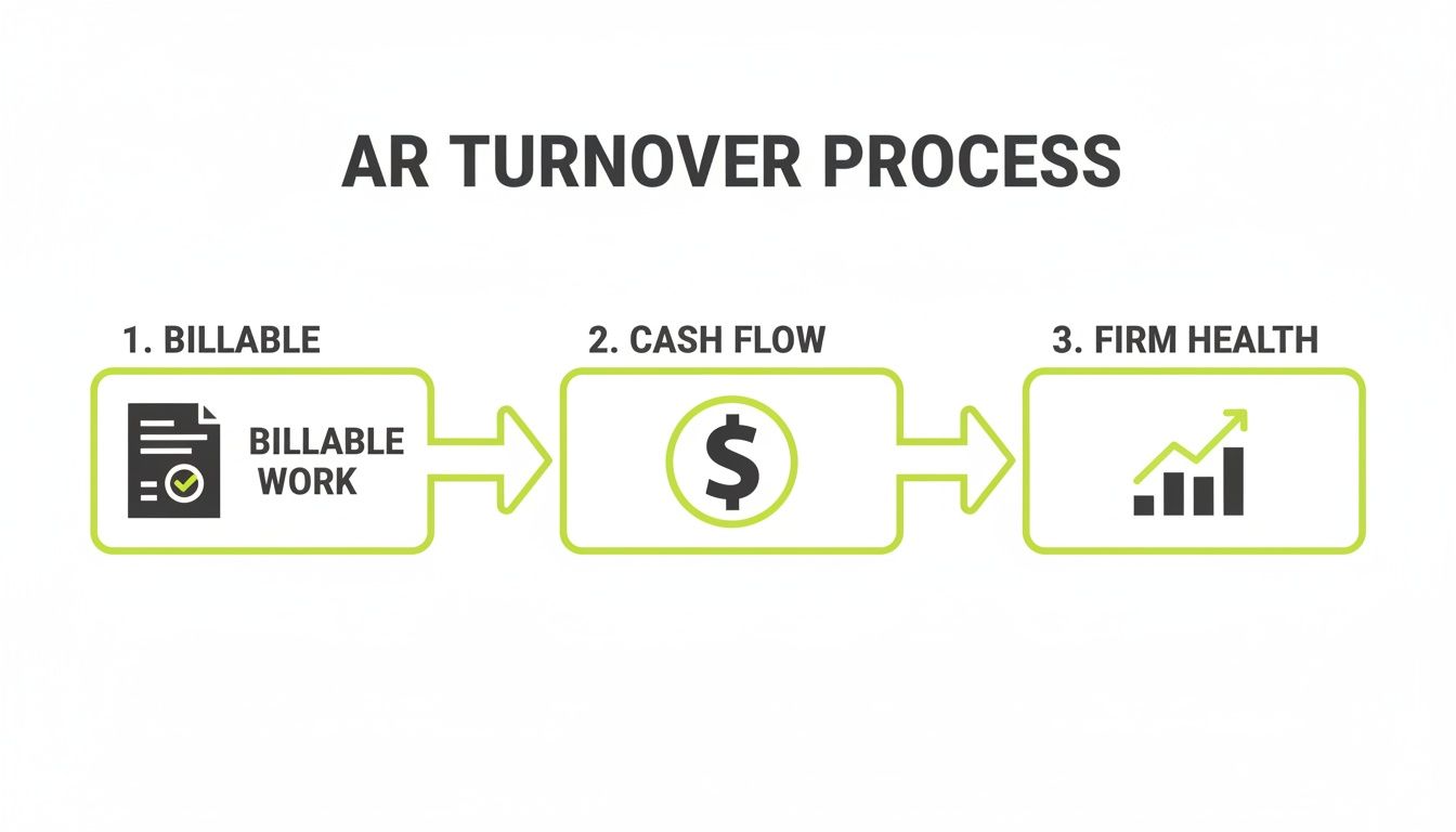 A flowchart illustrating the AR Turnover Process, from billable work and cash flow to firm health.