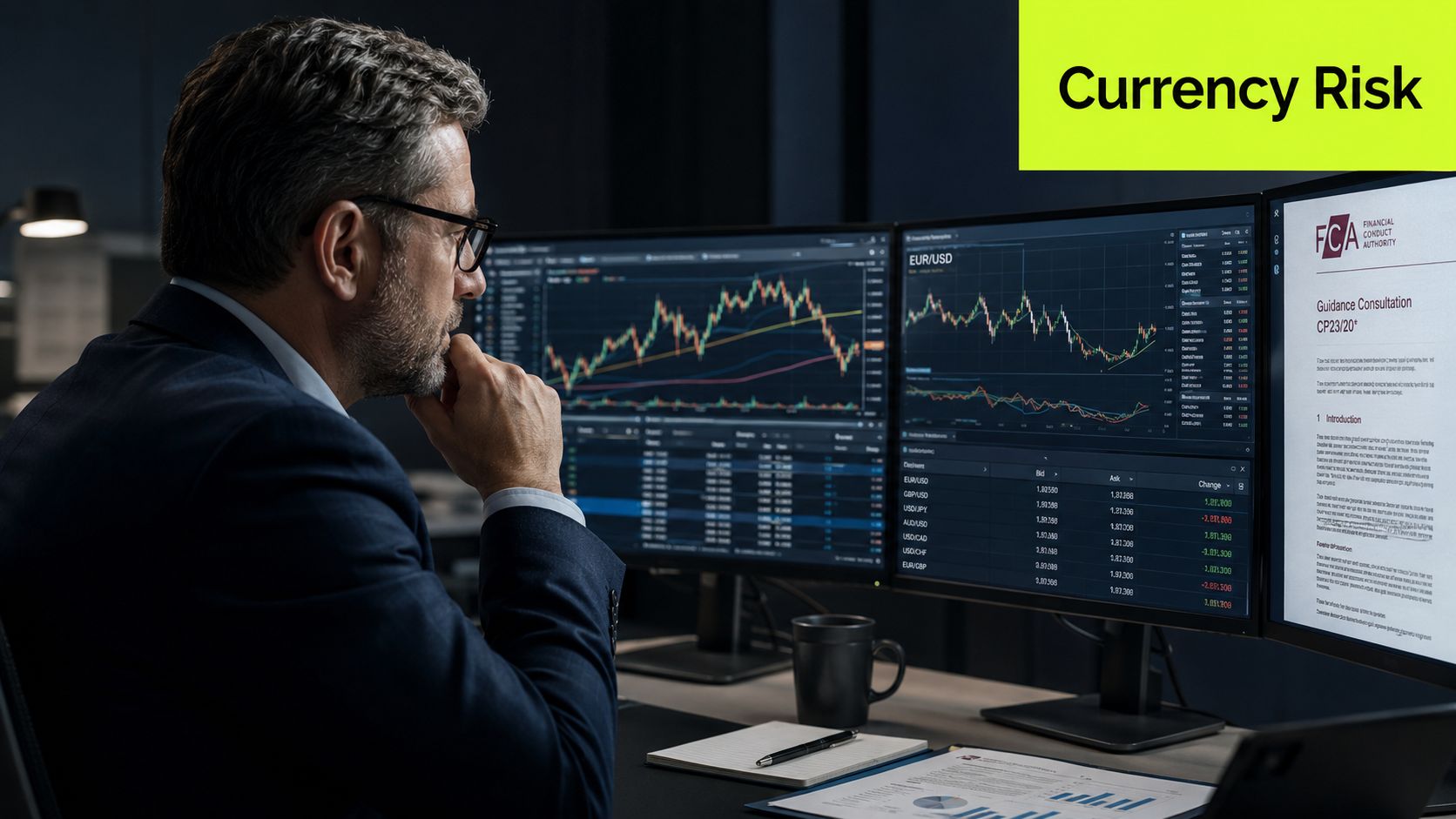 A professional financial trader analyzing currency market data on multiple computer screens in a dark office.