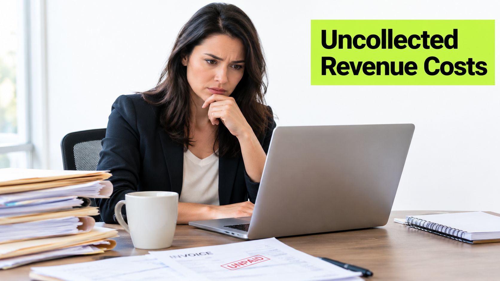 A concerned professional woman sits at her desk reviewing unpaid invoices and financial documents on a laptop.