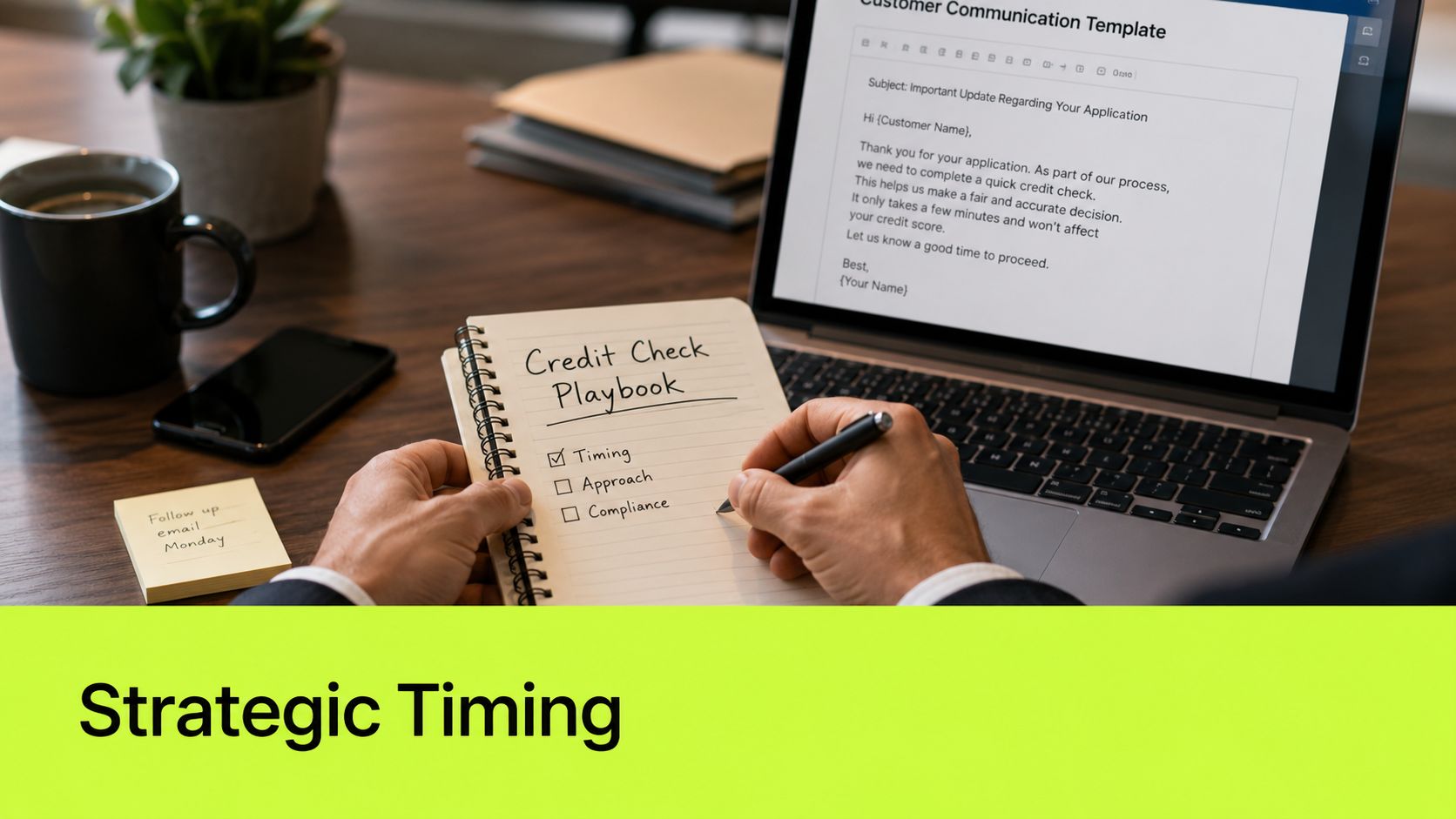 A professional writing in a credit check playbook with a laptop displaying a communication template.