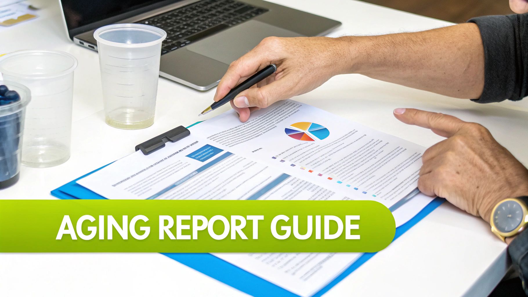 A person's hands reviewing an aging report guide document with charts and text on a desk.