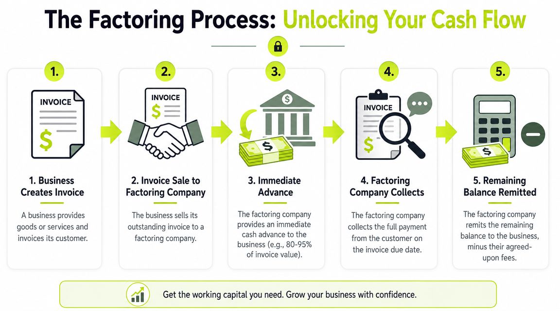 A five-step infographic illustrating the invoice factoring process to help businesses unlock their cash flow.