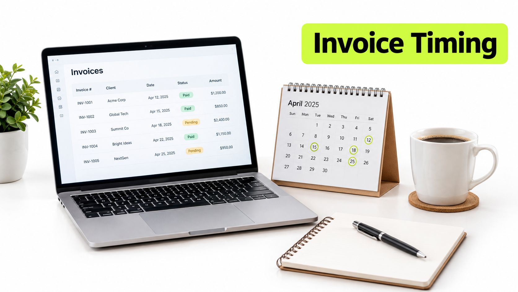 A laptop showing an invoice management dashboard next to a calendar highlighting April dates and a coffee.