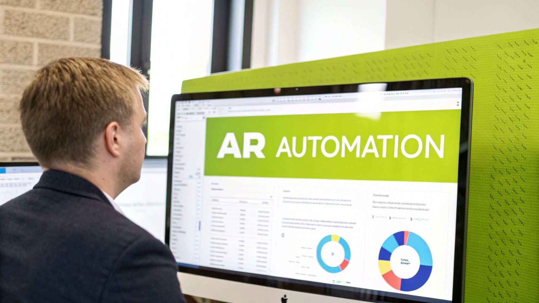 A man in a suit jacket views a monitor displaying an 'AR Automation' dashboard with analytics and charts.