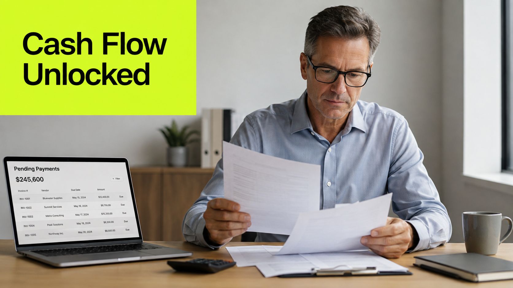 A professional man at a desk reviewing financial documents with a laptop displaying a pending payment list.