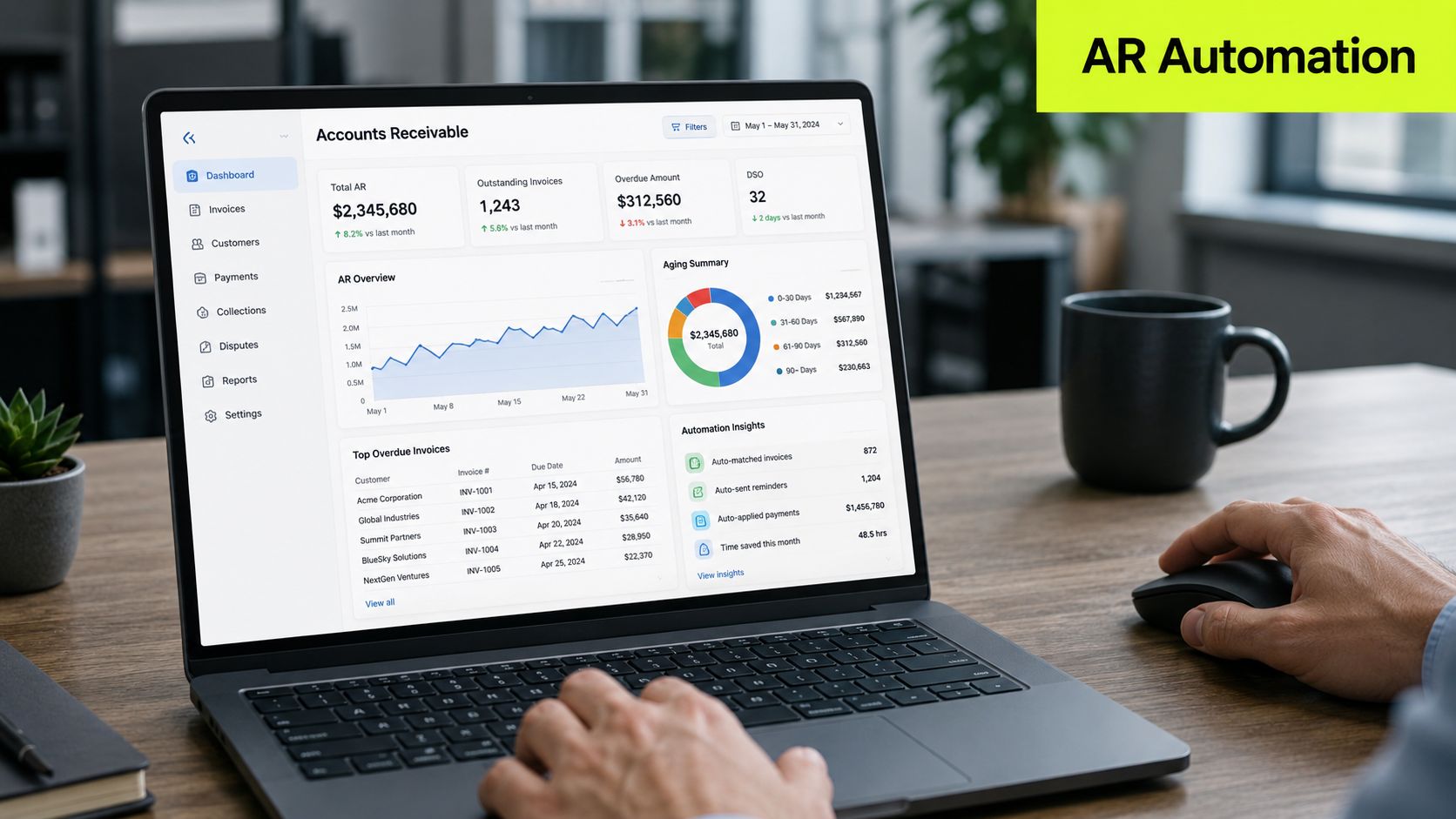 A professional analyzing accounts receivable and automation metrics on a laptop screen in a modern office.
