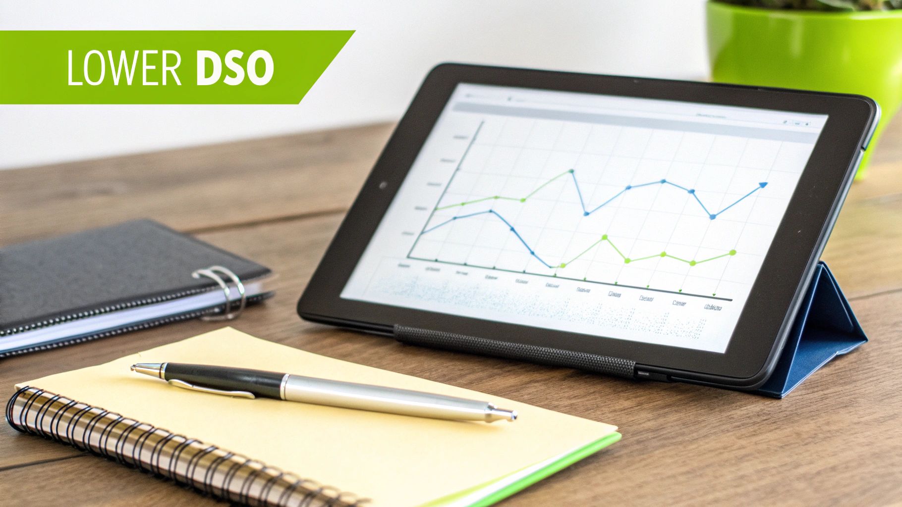 A tablet on a desk displays a financial graph, with notebooks and a pen, and a 'Lower DSO' banner.