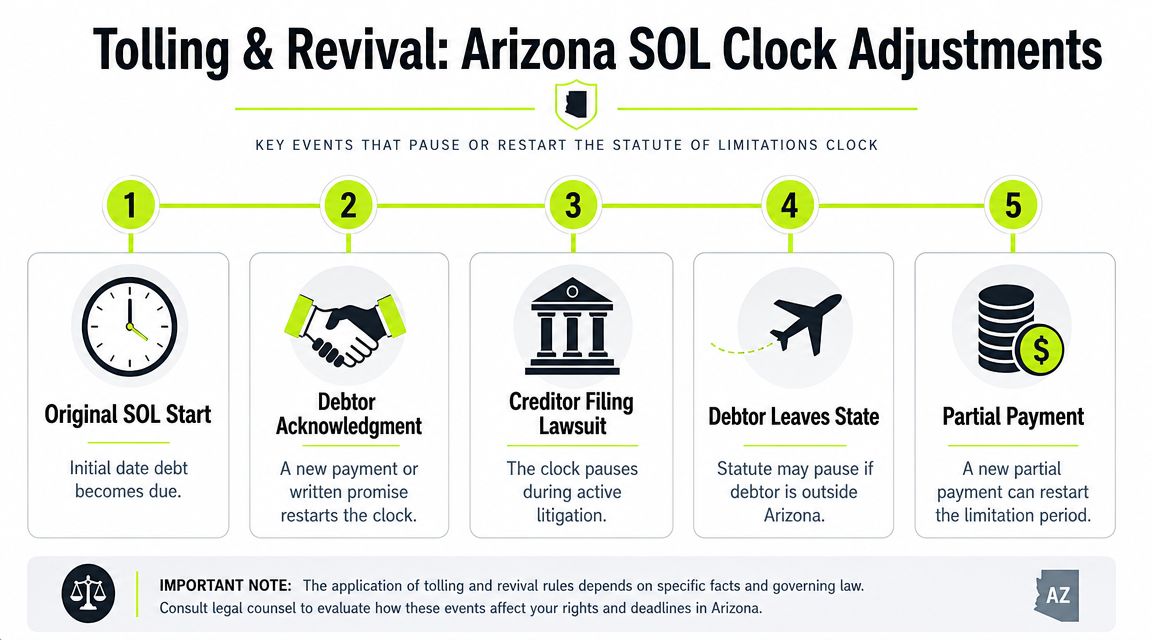 An infographic showing key events that pause or restart the statute of limitations clock in Arizona.