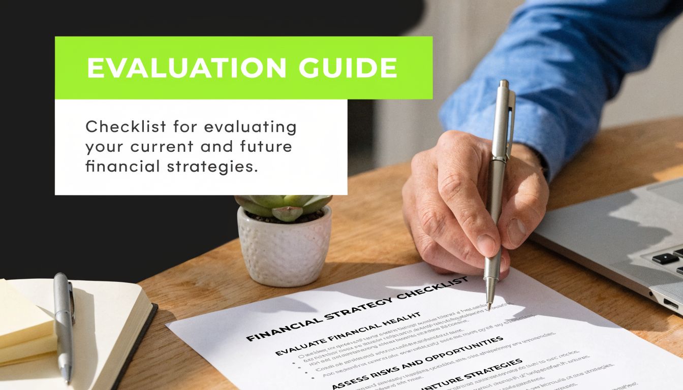 A person fills out a financial strategy evaluation checklist at a desk with a laptop and pen.