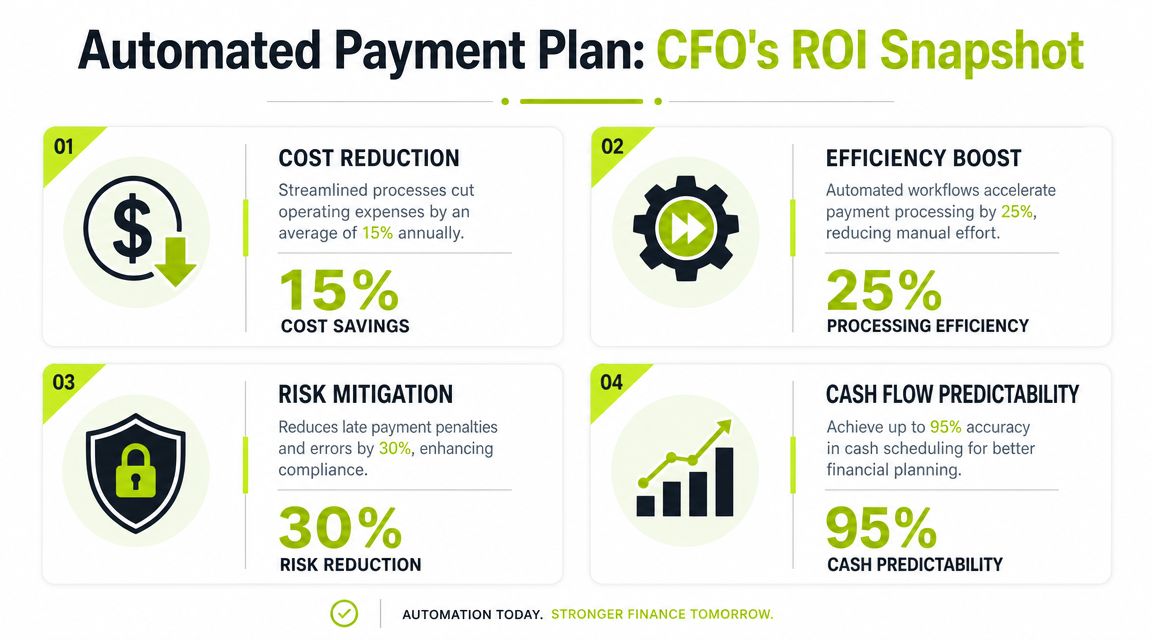 An infographic showing four key ROI benefits of implementing an automated payment plan for business finance departments.