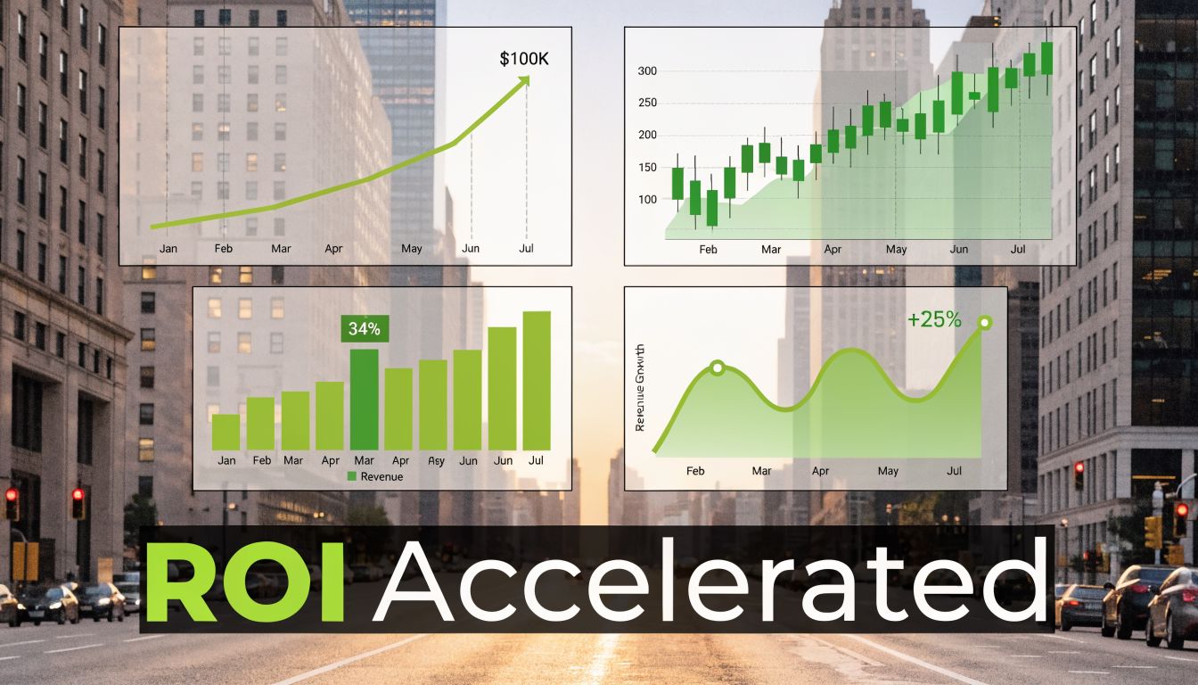 A digital dashboard showing positive financial growth charts and stock trends with the text ROI Accelerated.