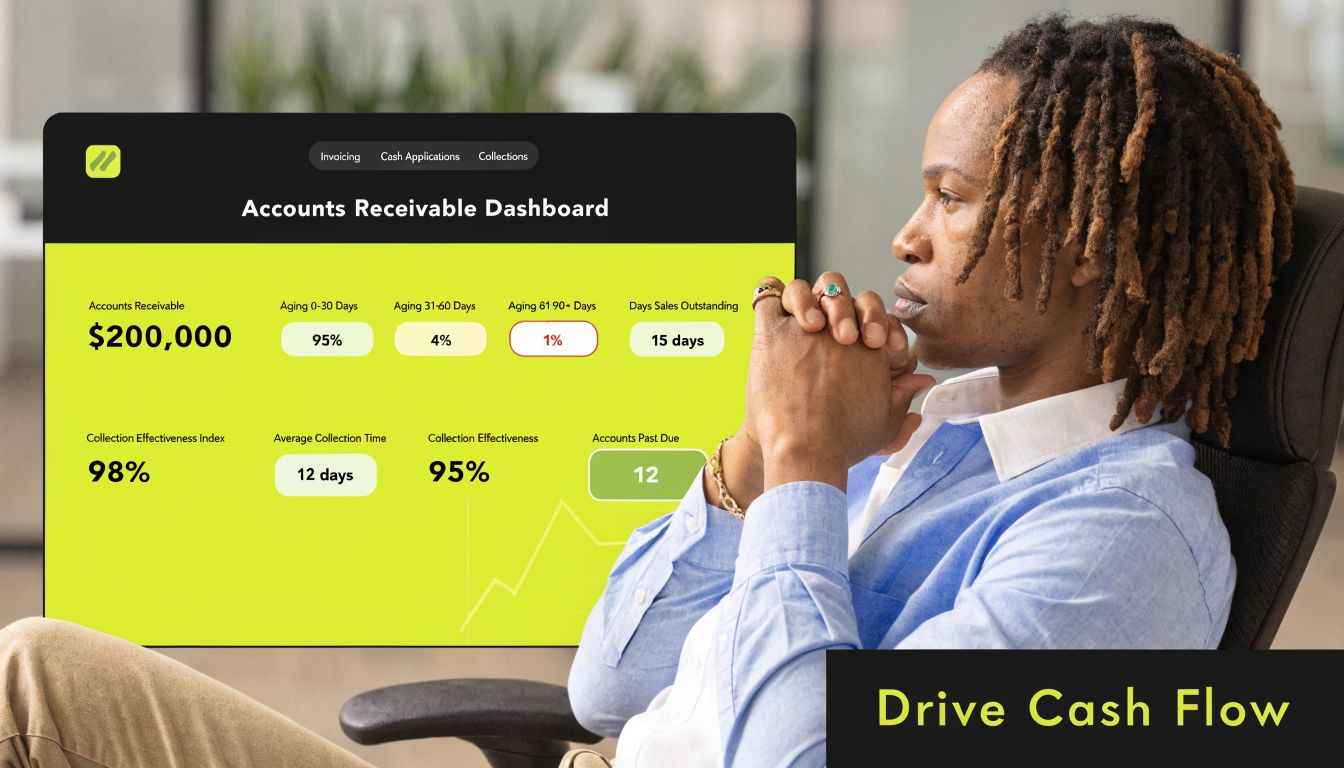 A professional reviewing an accounts receivable dashboard displaying financial KPIs like collection effectiveness and outstanding payments.