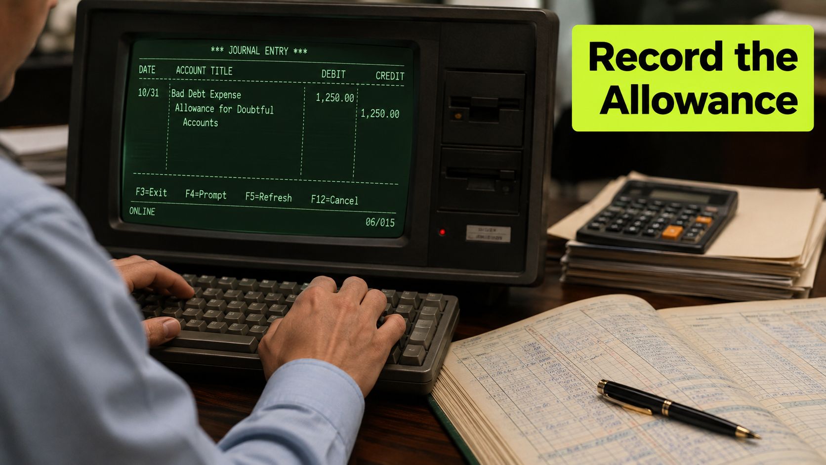 A professional accountant entering a journal entry for bad debt expense into an old computer system.
