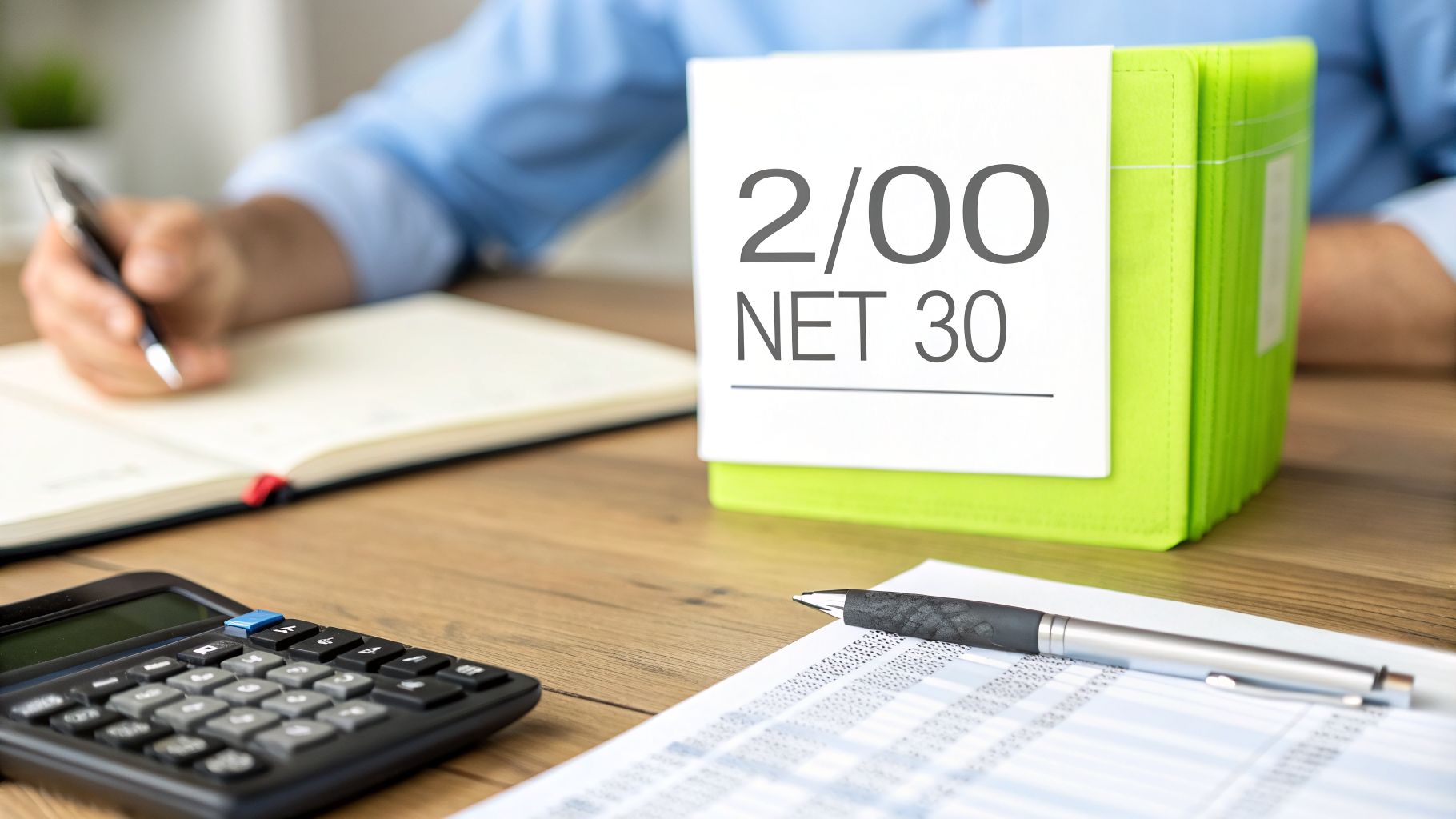 A person calculates finances, with a calculator, pen, and a "2/10 NET 30" sign on a desk.
