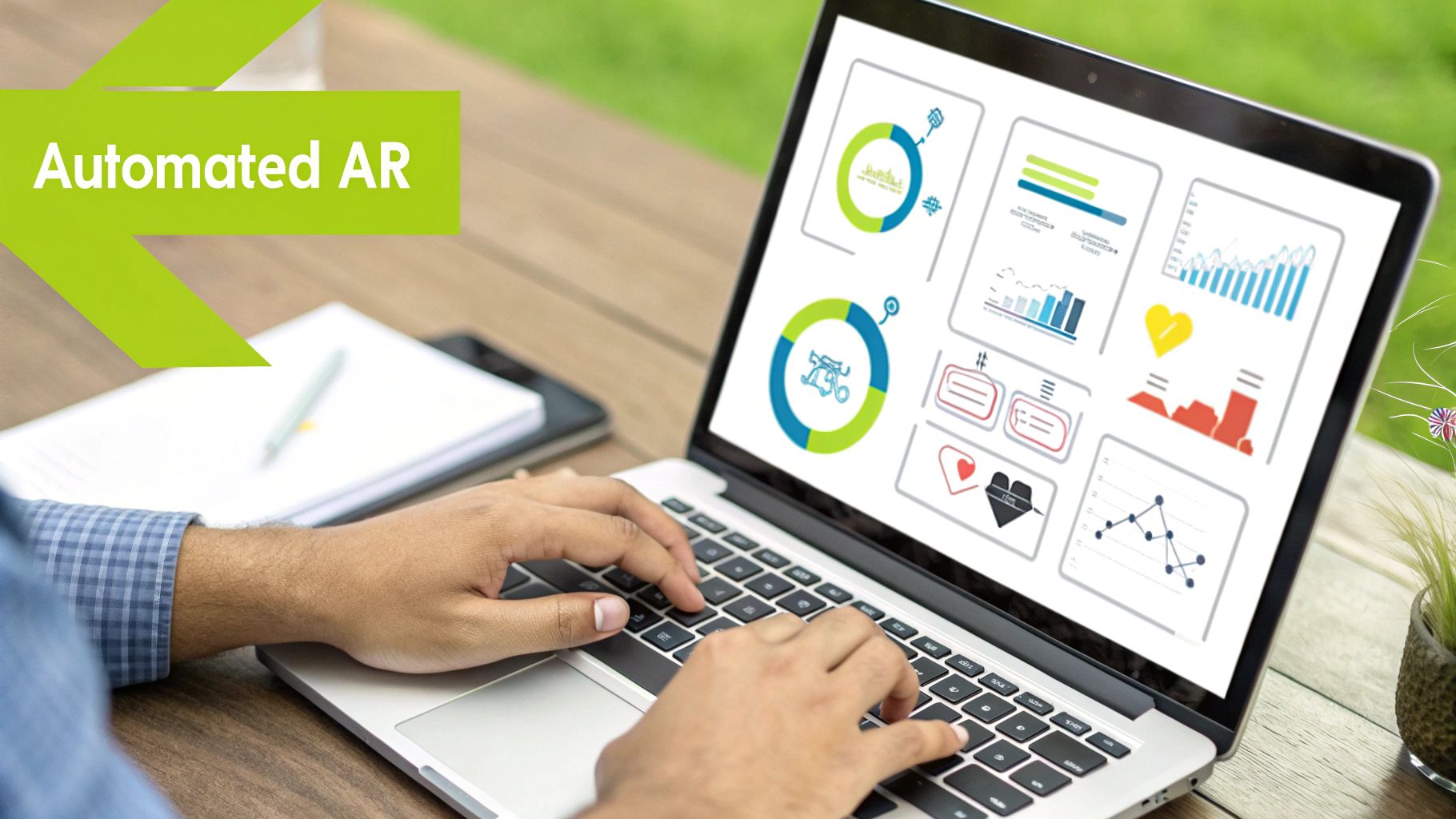 Hands typing on a laptop displaying data charts, graphs, and 'Automated AR' text outdoors.