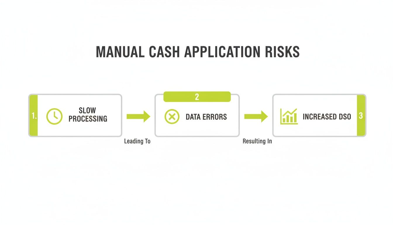 Flowchart depicting manual cash application risks: slow processing, data errors, and increased DSO.