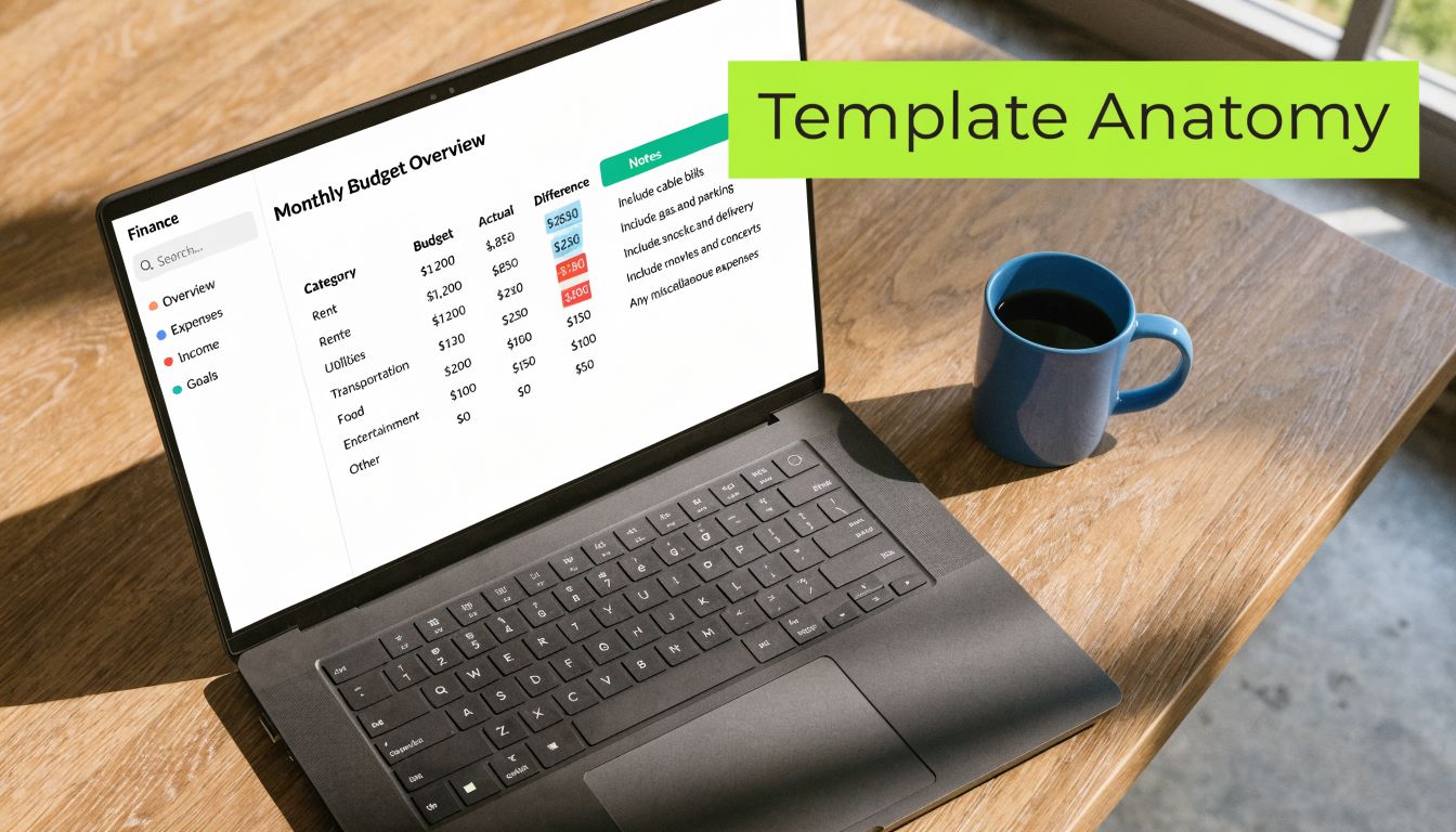 A laptop displays a digital monthly budget overview spreadsheet on a desk with a blue coffee mug.