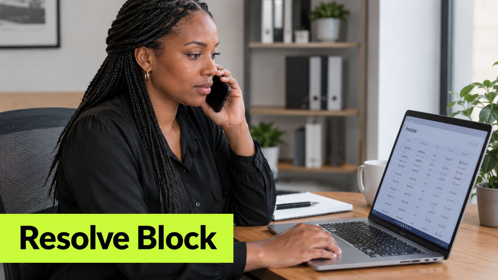 A professional woman in a dark shirt making an accounts receivable collection call while reviewing invoices.