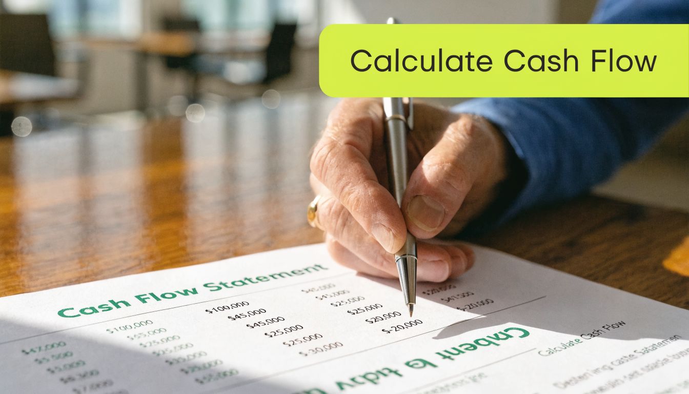A close-up of a person's hand using a pen to calculate numbers on a cash flow statement.