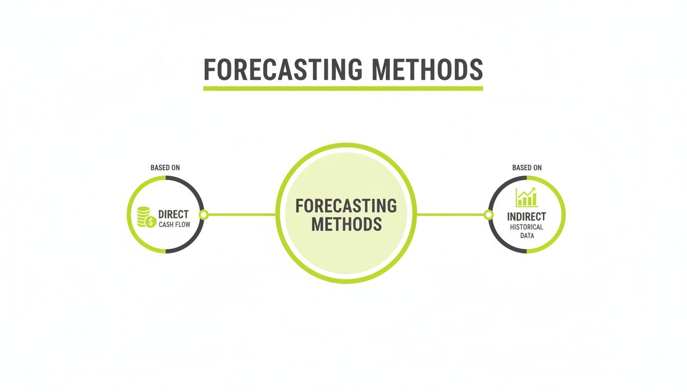 Infographic showing forecasting methods: direct cash flow and indirect historical data, with icons.