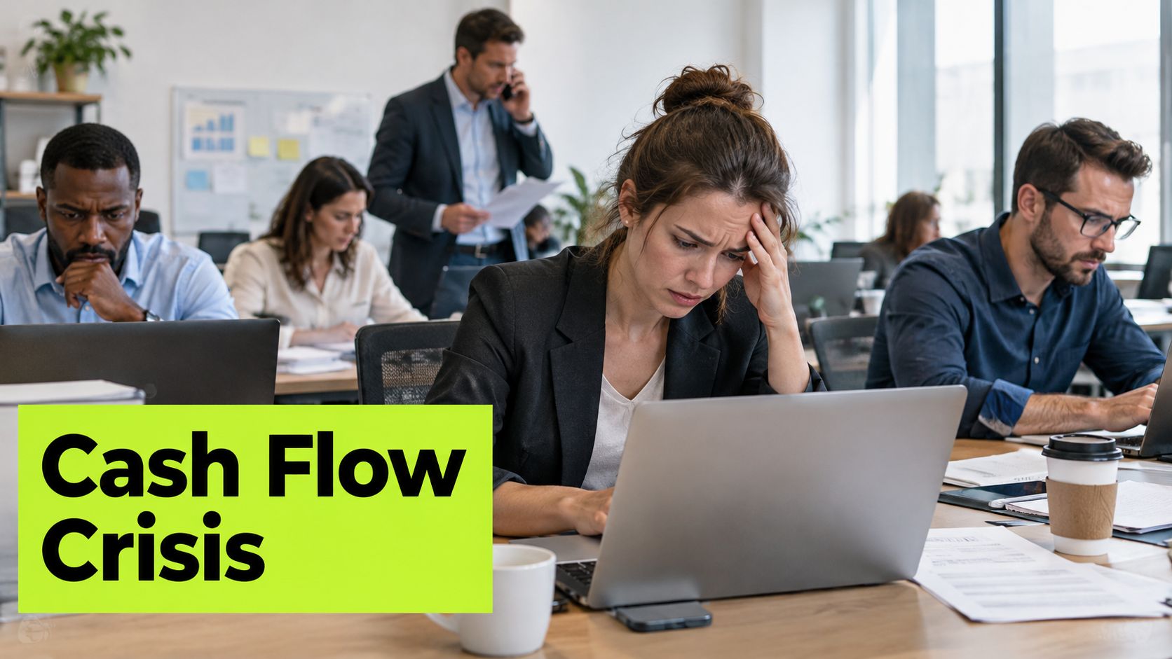 A stressed businesswoman looking at her laptop in a busy office setting during a financial crisis.