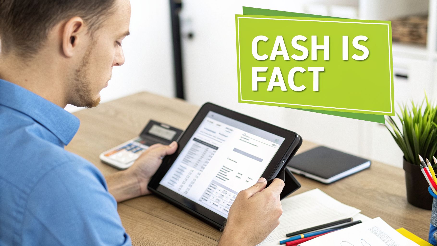 A man in a blue shirt reviews financial data on a tablet, with "CASH IS FACT" text.