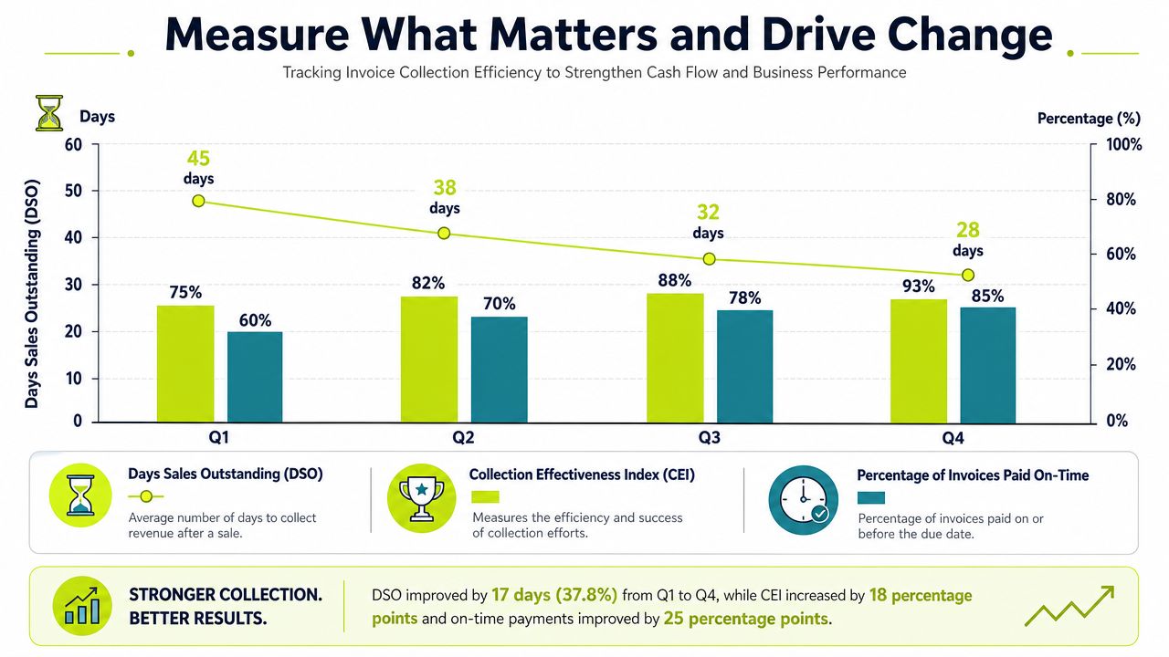 A chart showing the improvement of Days Sales Outstanding, Collection Effectiveness Index, and on-time invoice payments over four quarters.