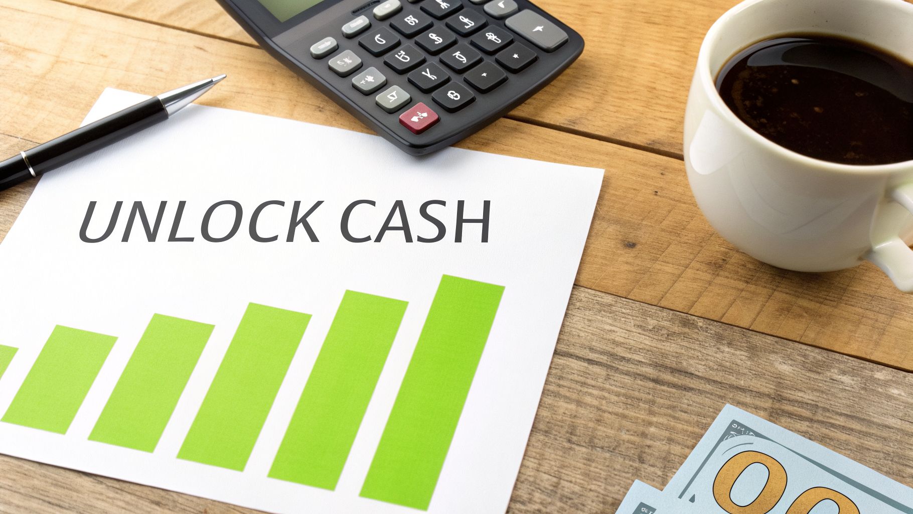 A desk setup with a calculator, coffee, and a paper showing "UNLOCK CASH" and a rising bar chart, with cash bills.