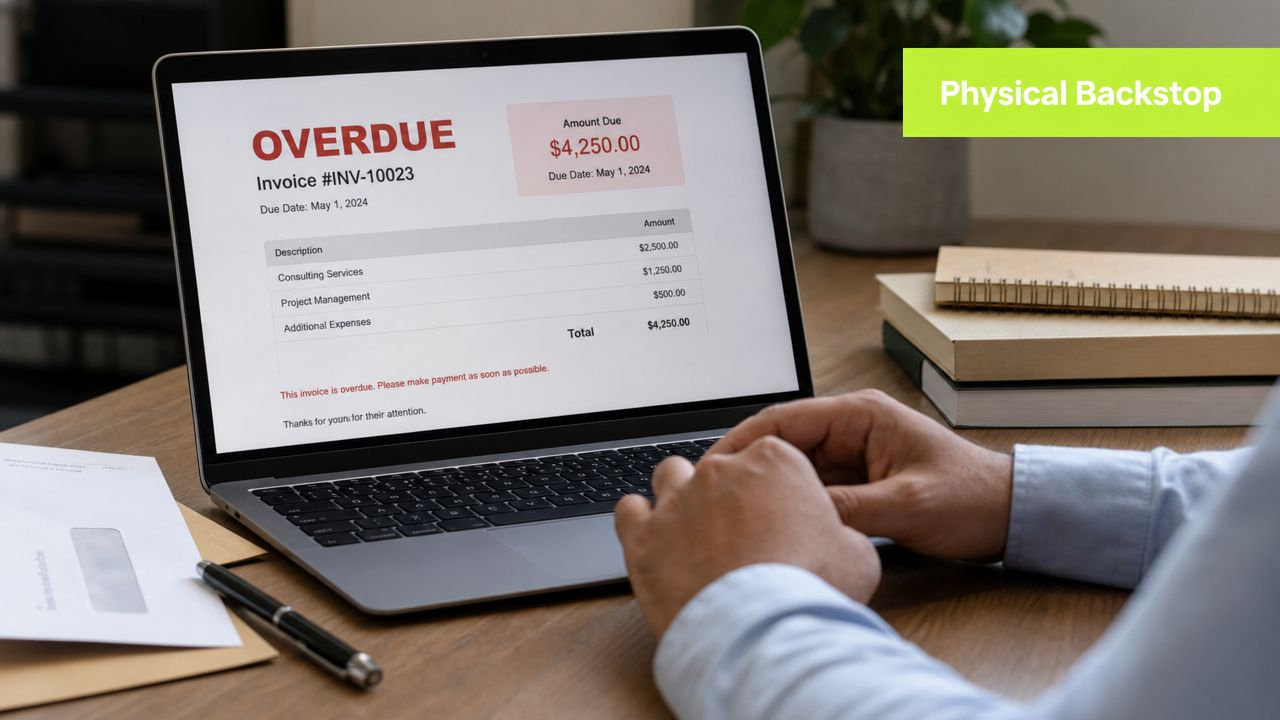 A person viewing an overdue invoice on a laptop screen while working at a wooden office desk.