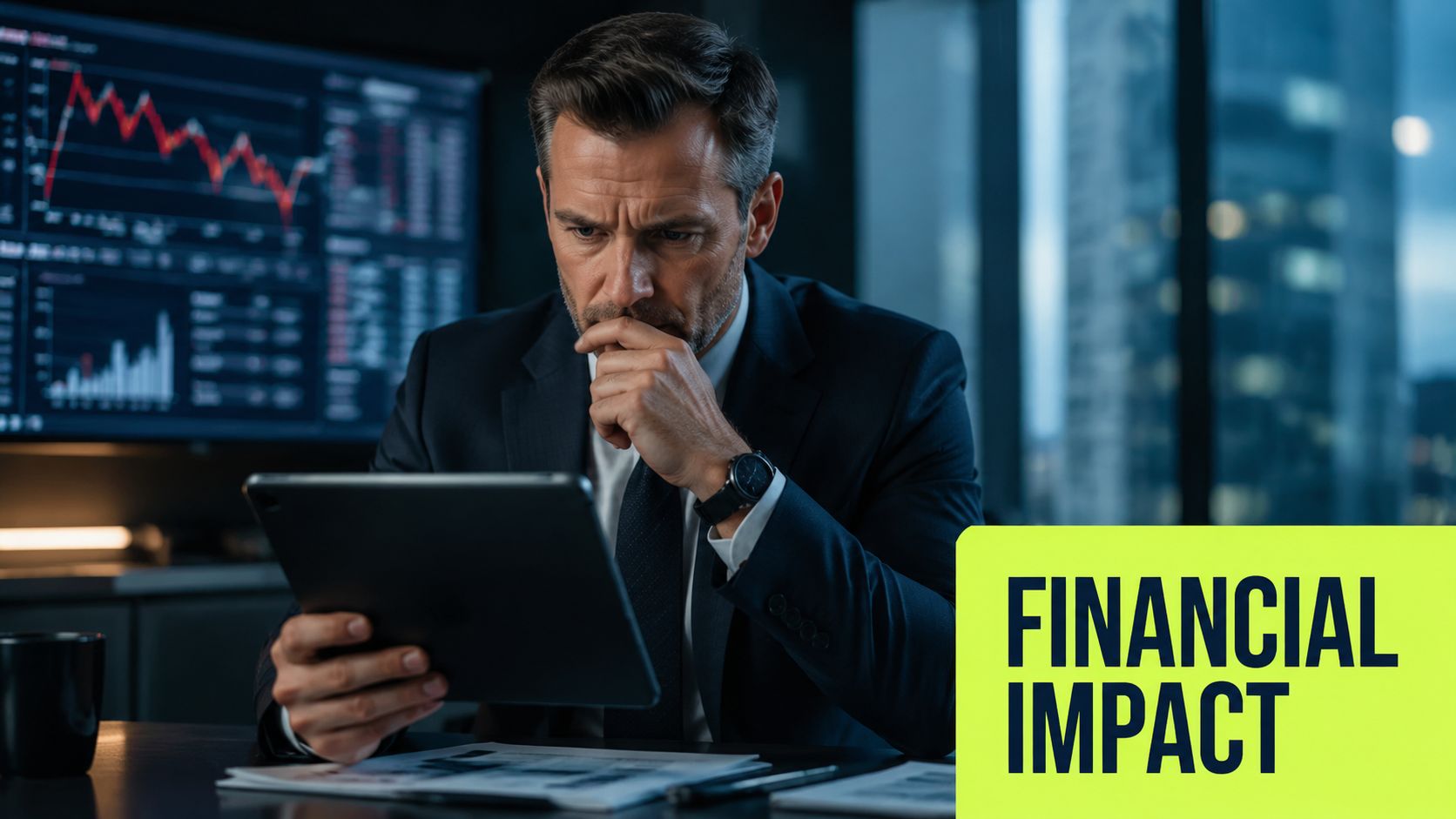 A concerned businessman analyzes complex financial charts on a tablet in a modern office at night.