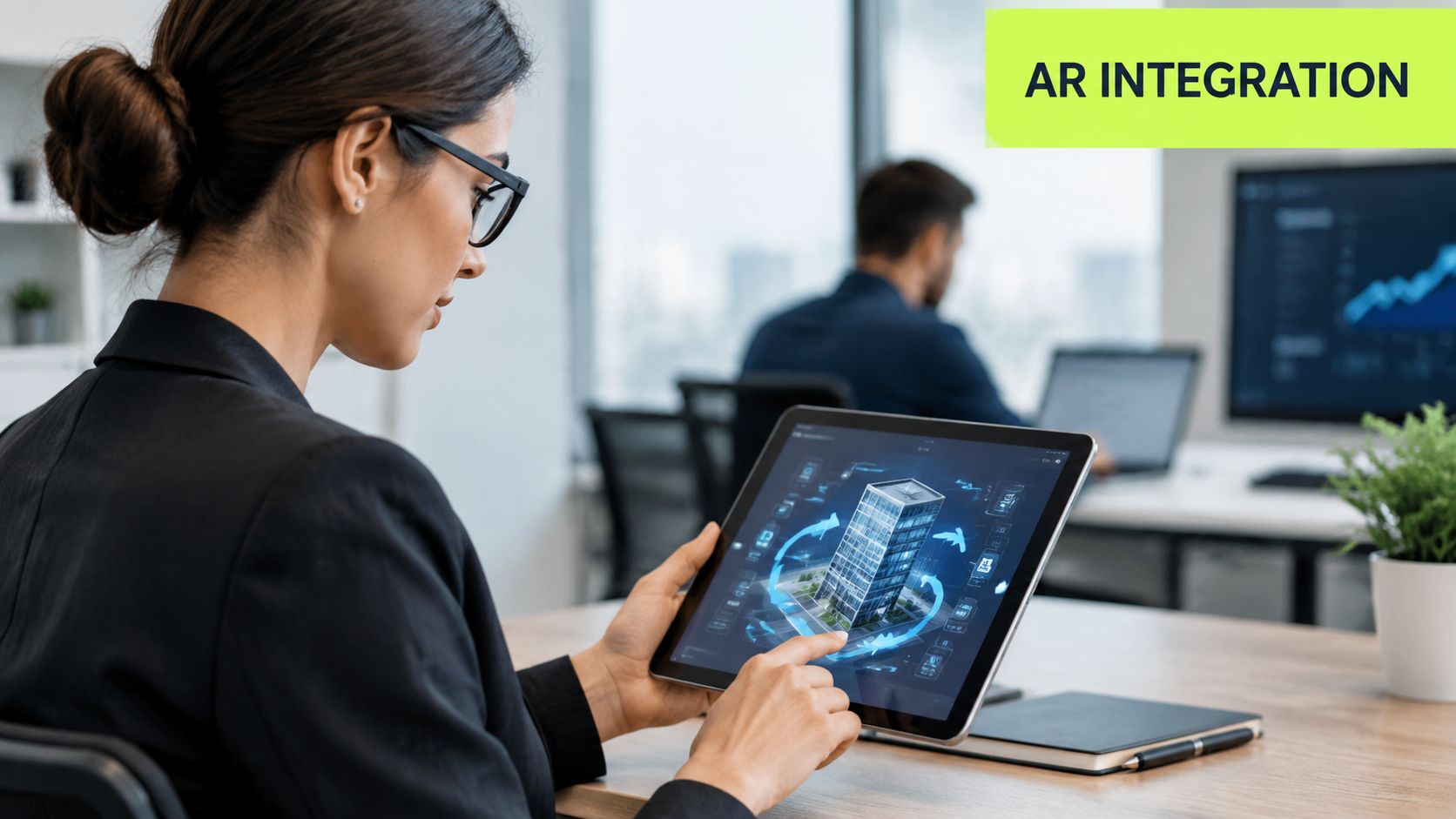 A professional woman in an office using a tablet to view an augmented reality building model.