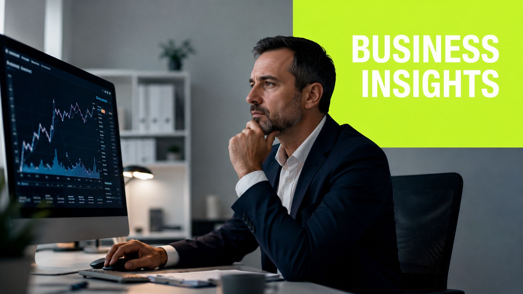 A professional man in a suit looking thoughtfully at stock market data on a computer screen.