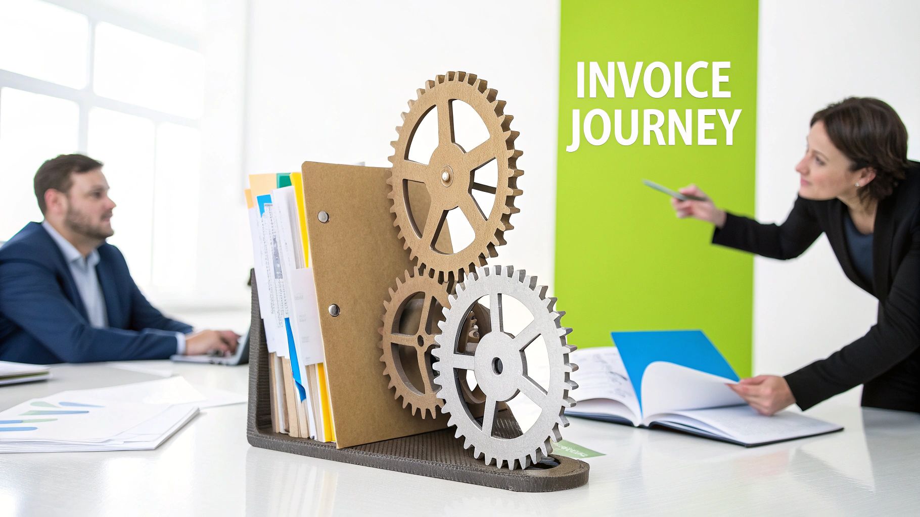 Business professionals and gears illustrating the 'INVOICE JOURNEY' workflow in a modern office setting.