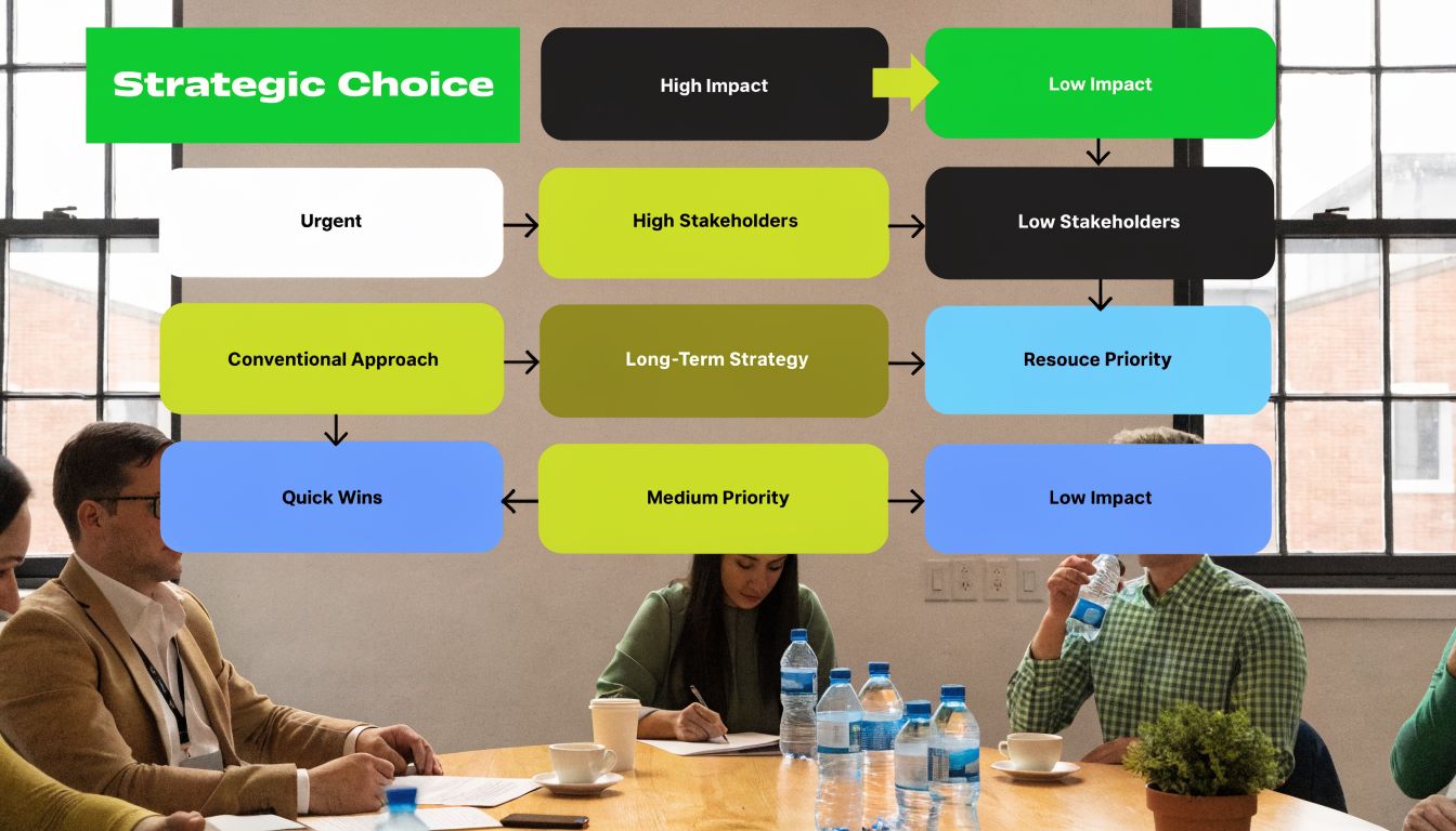 A strategic choice flowchart overlaying a business meeting showing priority levels and resource management decision points.