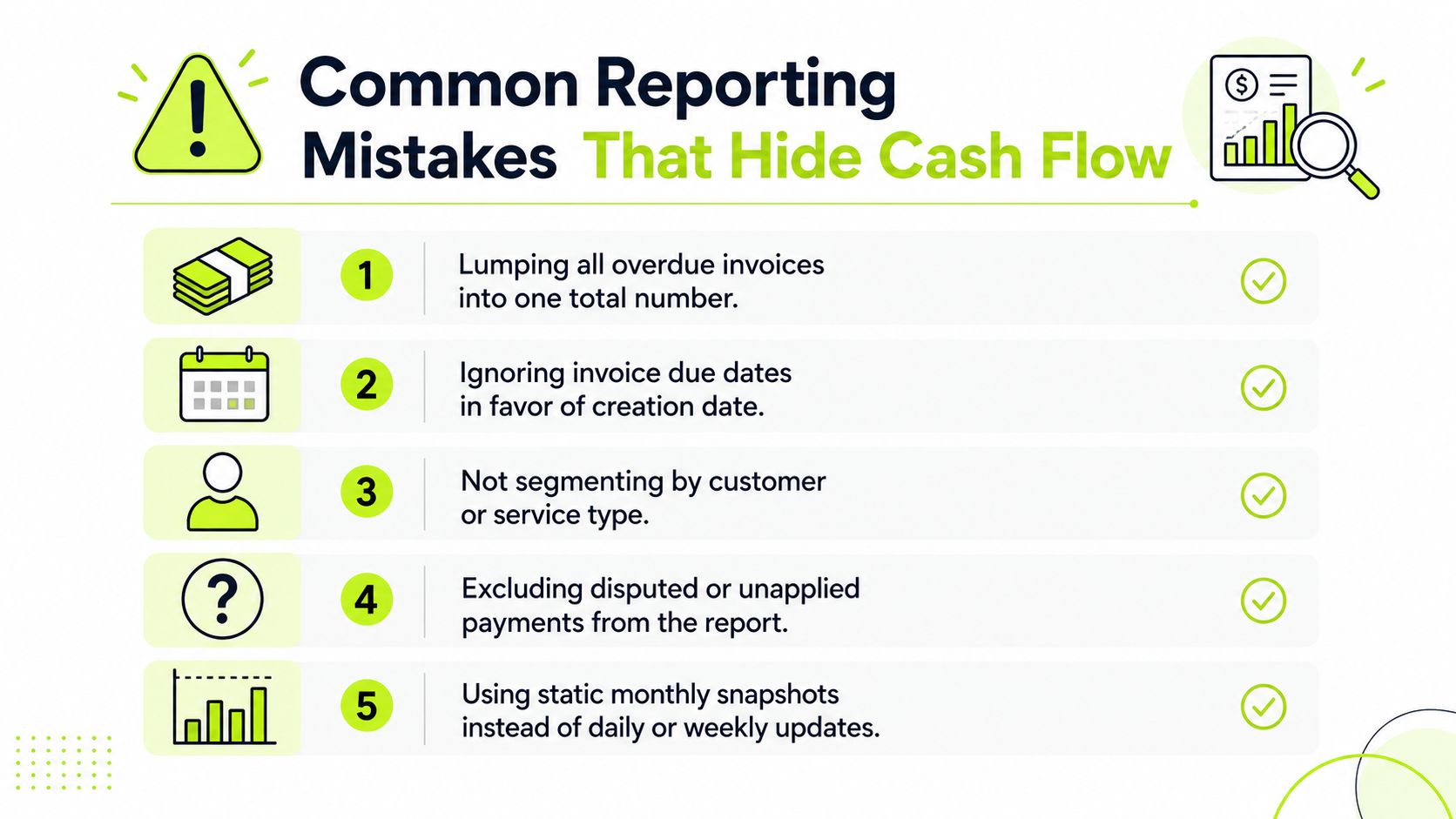 An infographic titled Common Reporting Mistakes That Hide Cash Flow, listing five business accounting errors to avoid.