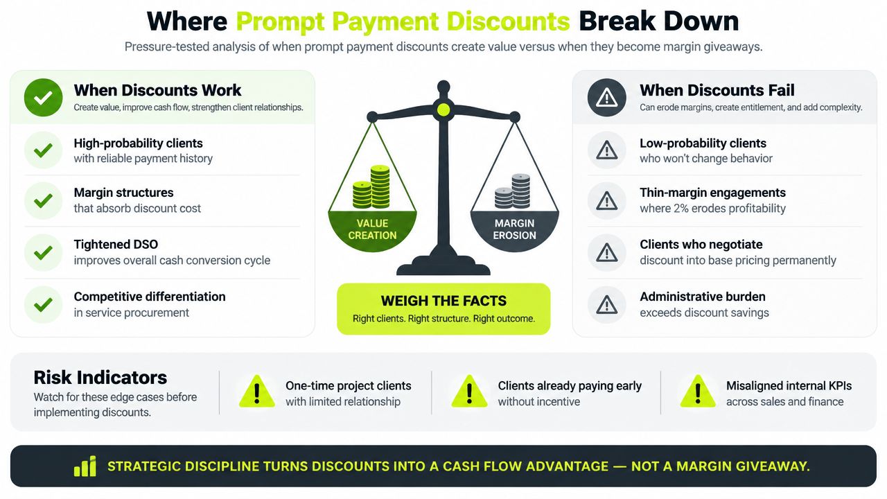 A balanced scale infographic explaining how to manage prompt payment discounts to avoid margin erosion and improve cash flow.
