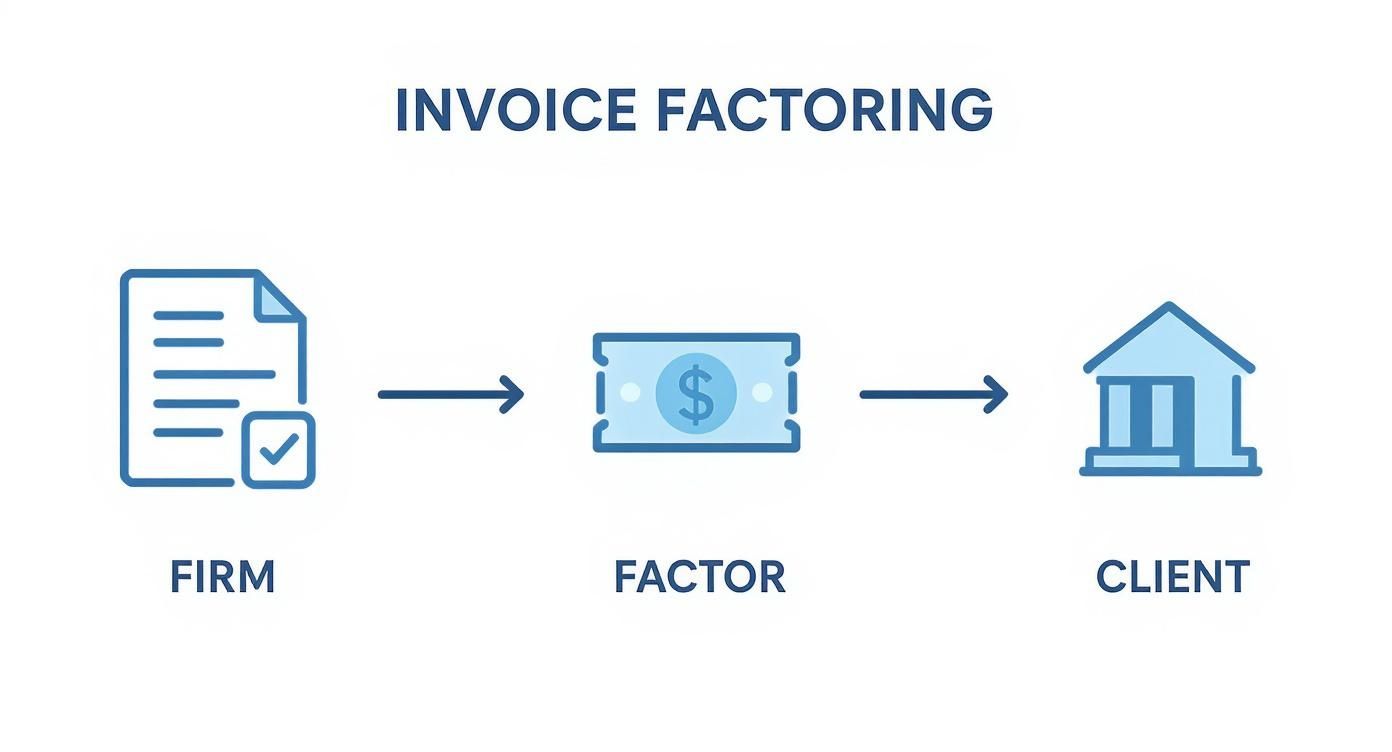 Infographic showing the invoice factoring process from firm to factor to client, and the flow of cash back to the firm.