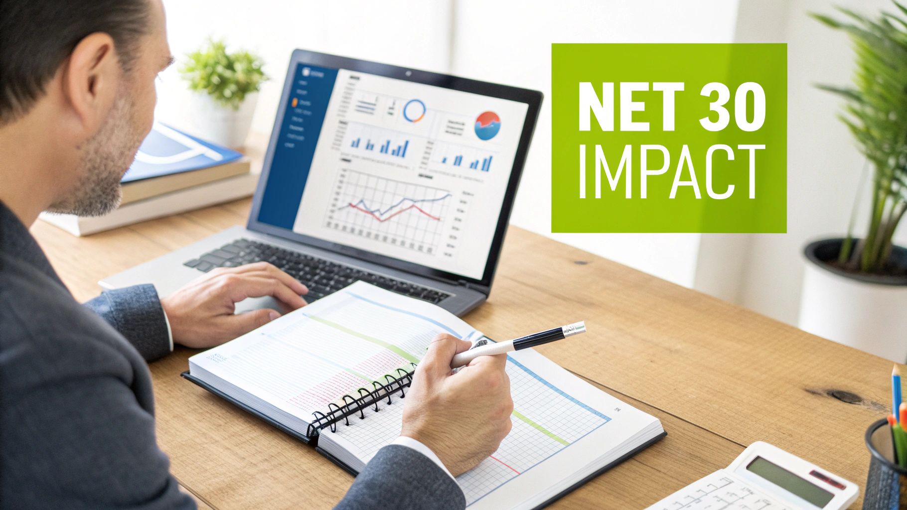 Man analyzing financial data and charts on a laptop, writing notes in a planner with "NET 30 IMPACT" overlay.