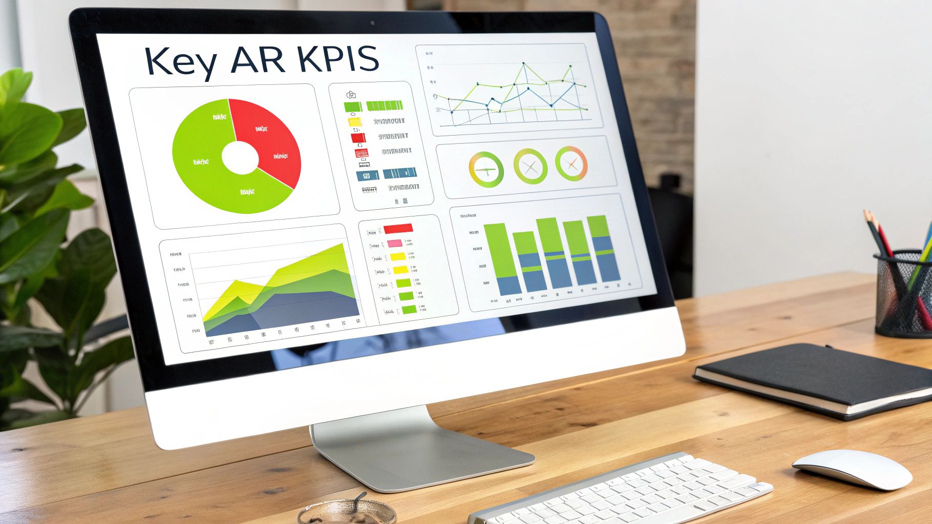 A computer monitor displays a dashboard titled "Key AR KPIS" with various financial charts on a wooden desk.