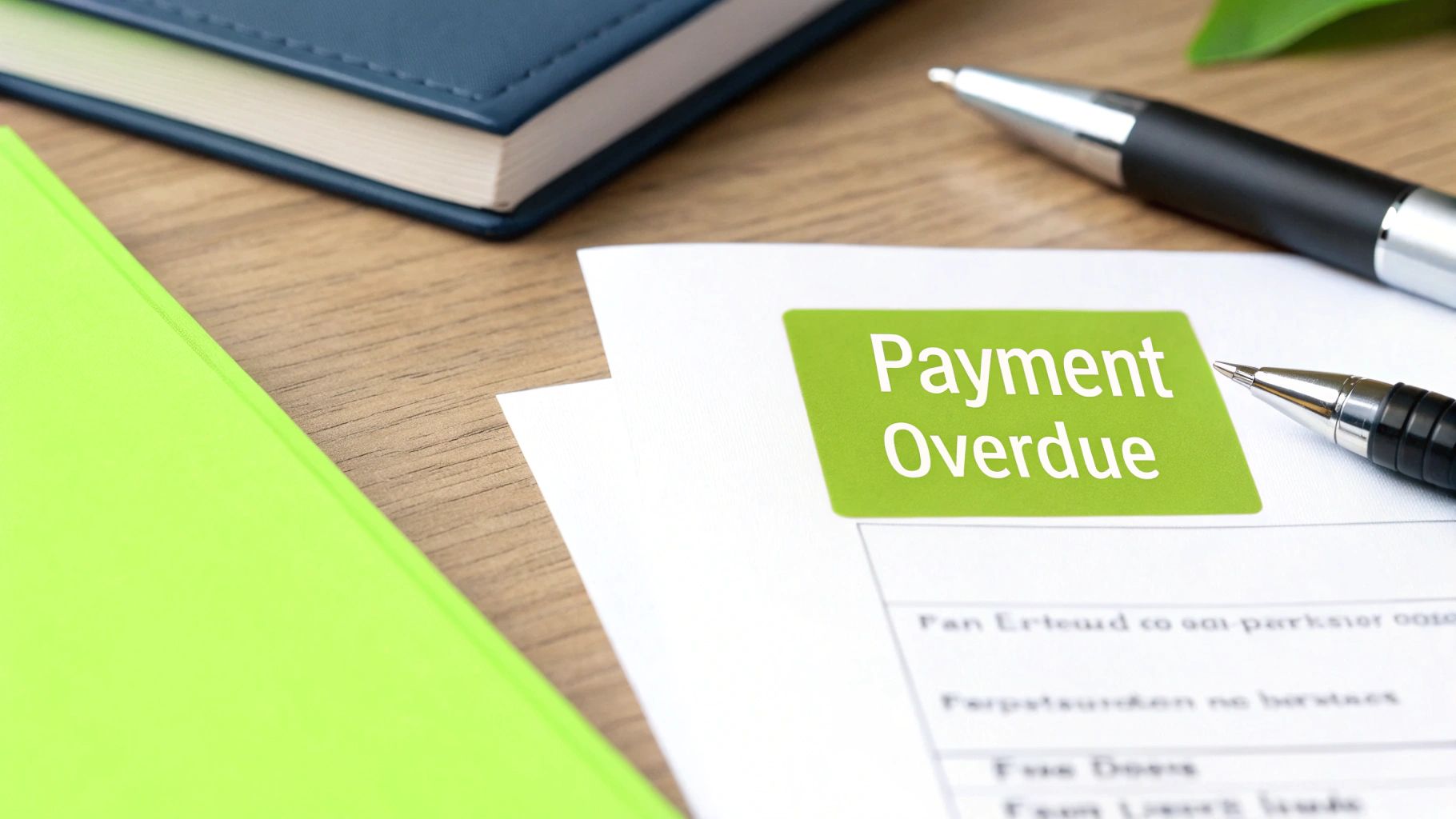 A financial document marked "Payment Overdue" with stationery and notebooks on a wooden desk.