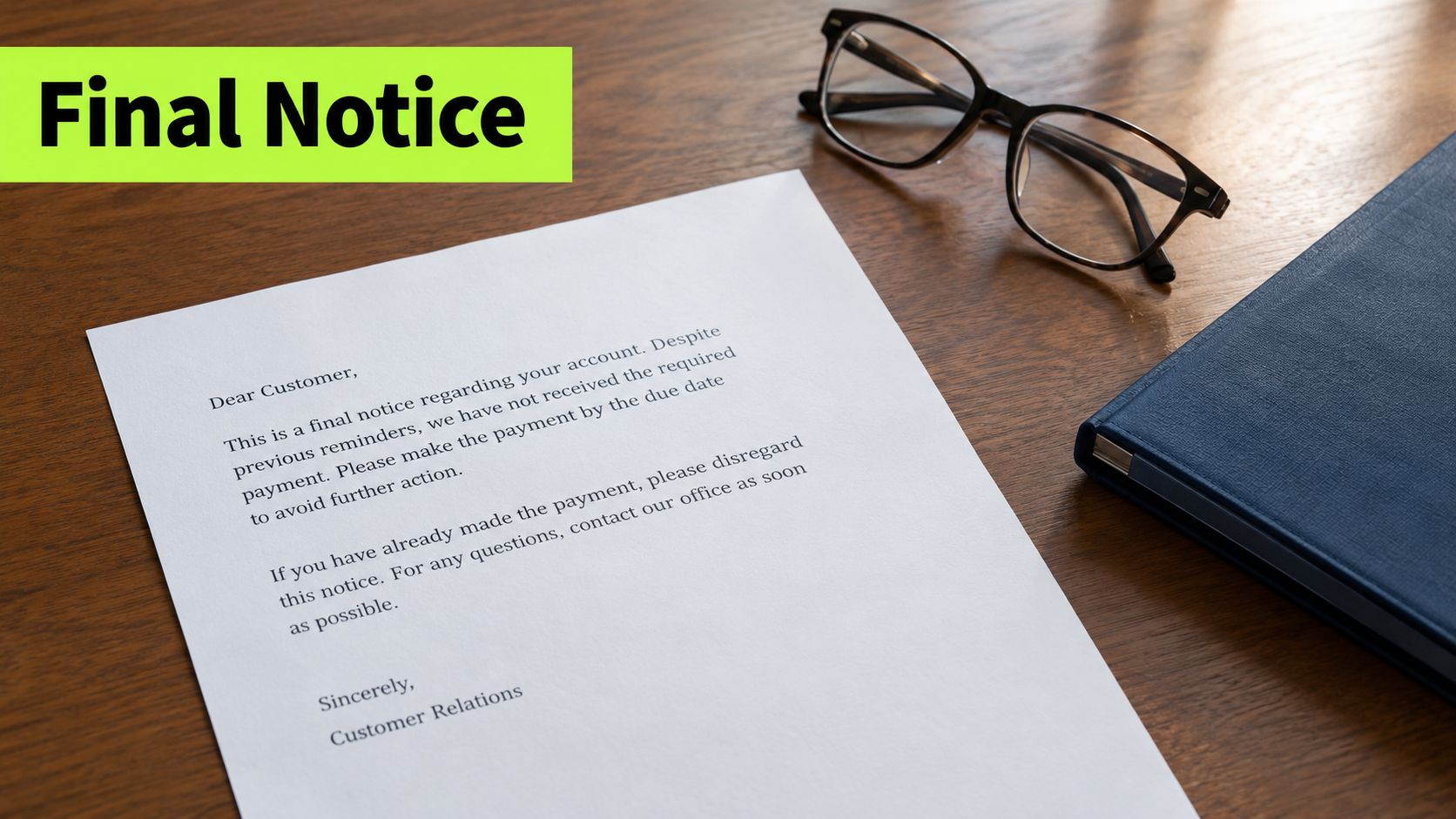 A document titled Final Notice regarding payment collection resting on a wooden desk with glasses and a notebook.