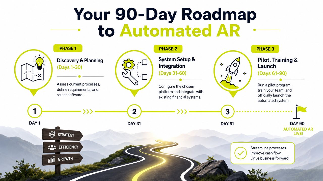 A 90-day roadmap infographic for implementing automated accounts receivable processes in three distinct phases.