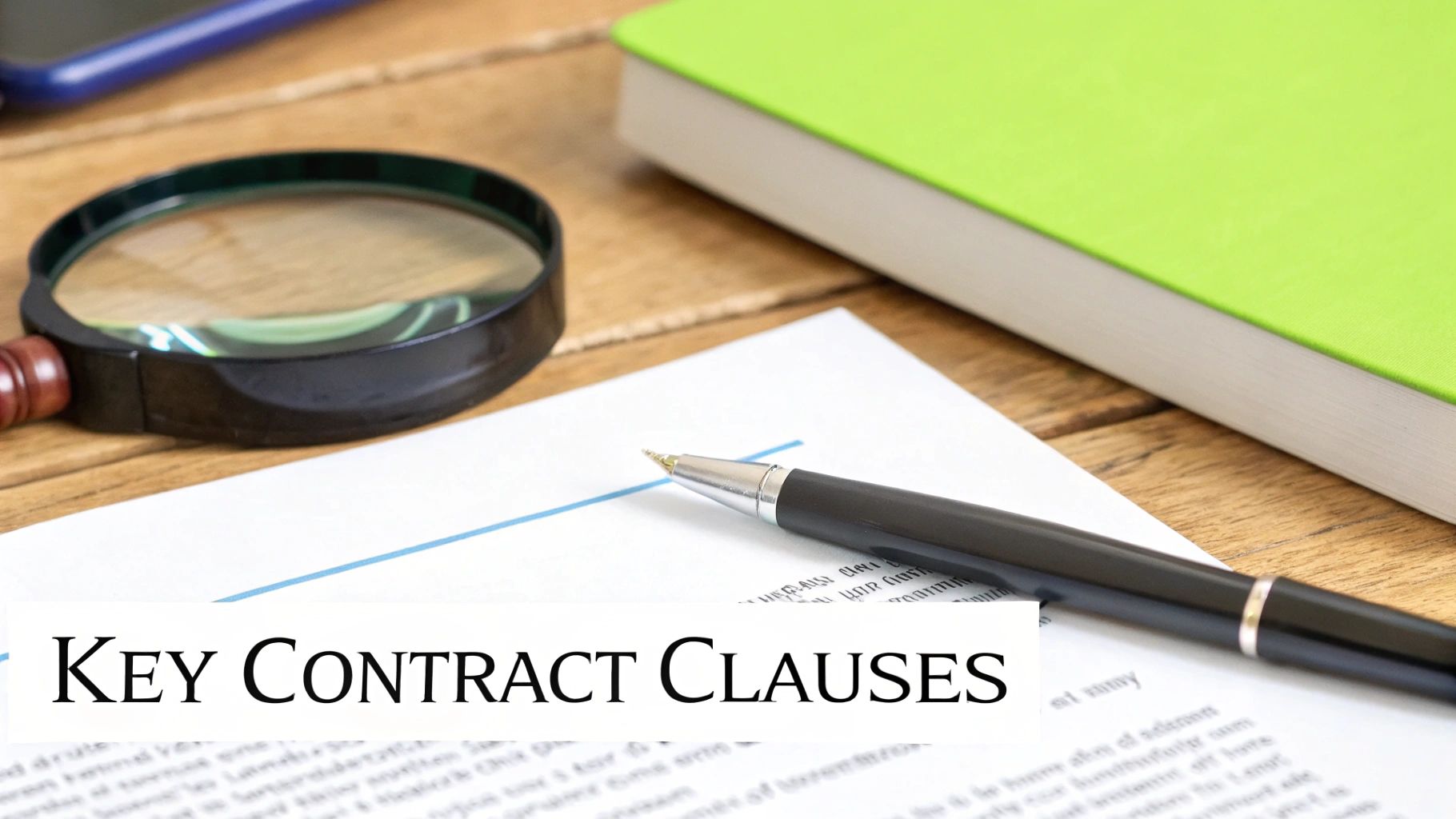 A magnifying glass, pen, and document titled 'Key Contract Clauses' on a wooden desk.