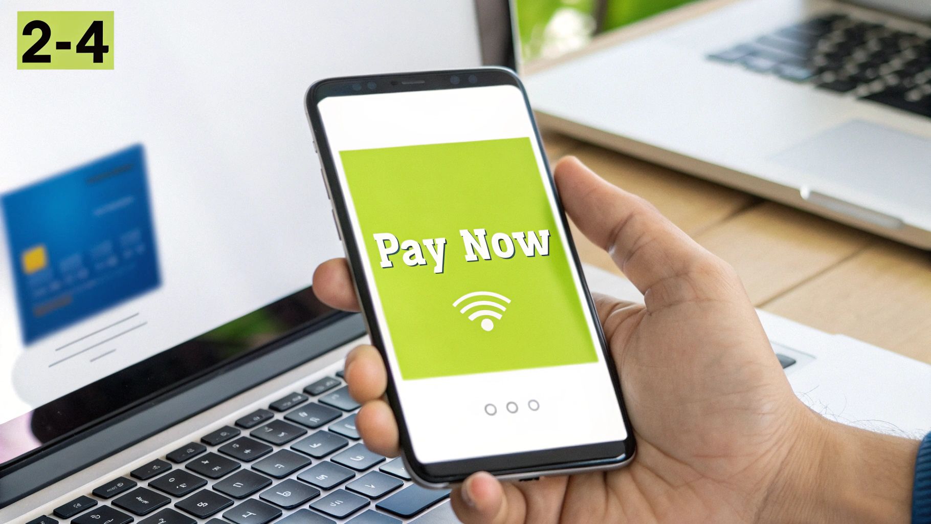 A hand holds a smartphone displaying 'Pay Now' for secure online payment, with a credit card on a laptop in the background.