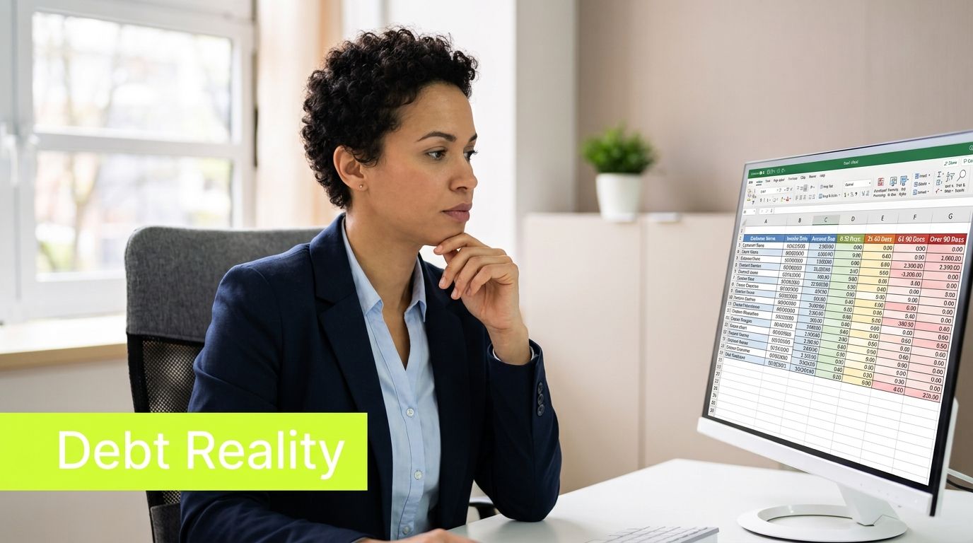 A businesswoman wearing a blazer looking thoughtfully at debt spreadsheets displayed on a computer monitor.