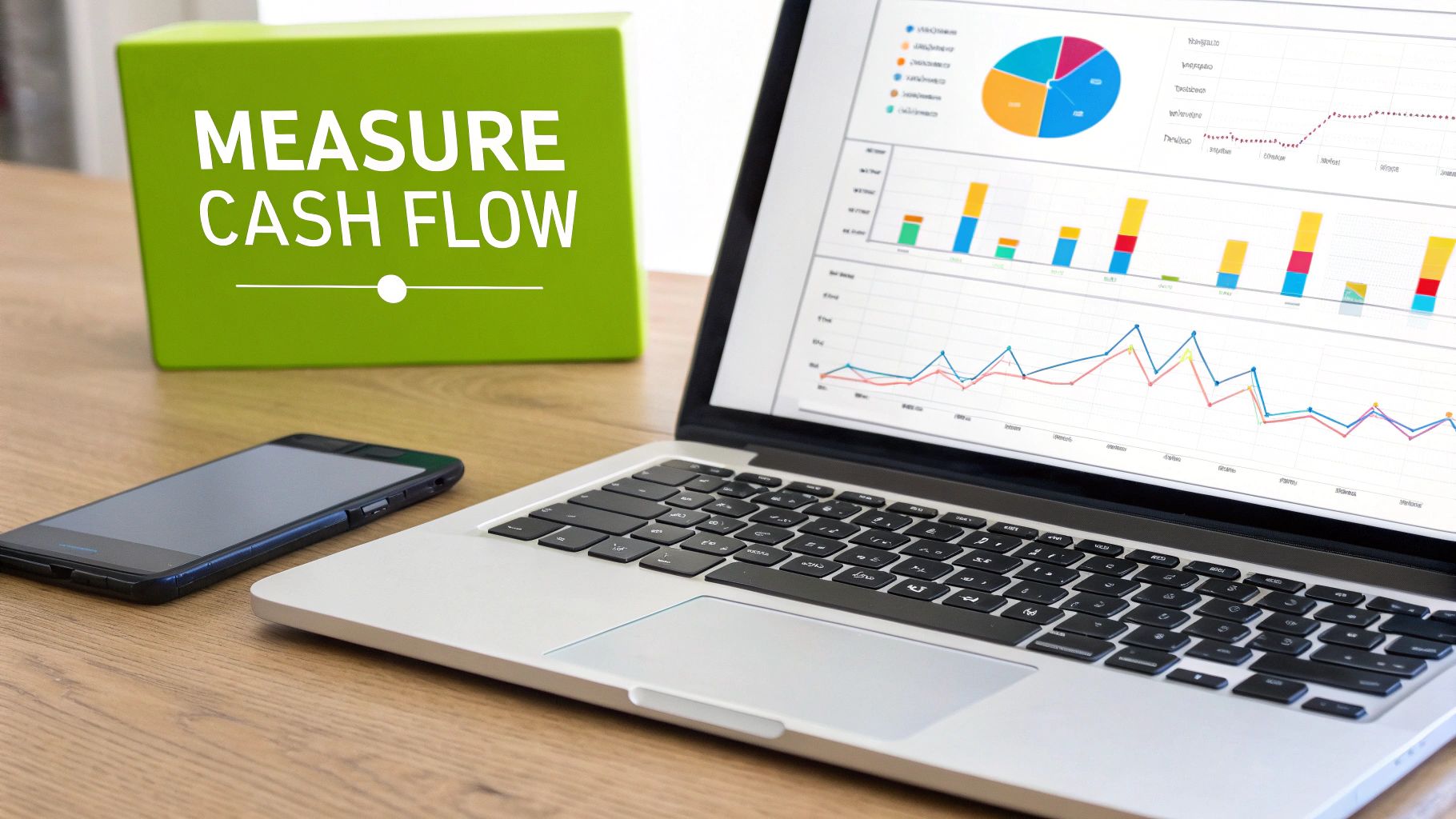 A laptop displays financial charts and graphs, with a smartphone and a 'MEASURE CASH FLOW' box.