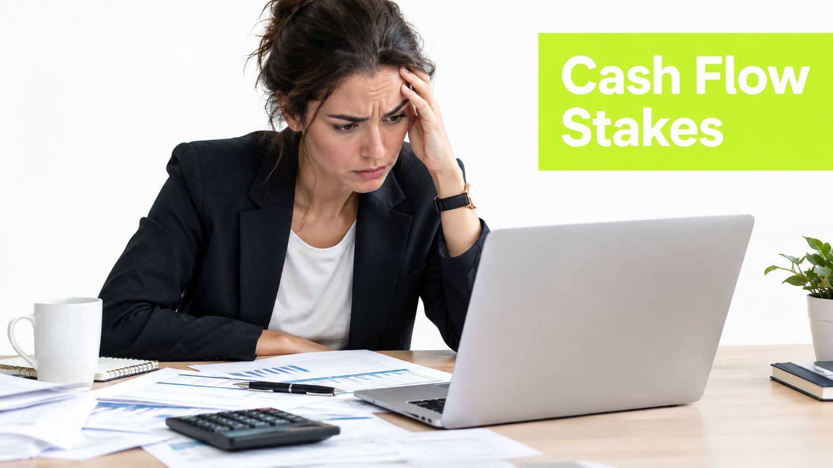 A stressed woman sitting at a desk looking at financial reports and a laptop with concerns.