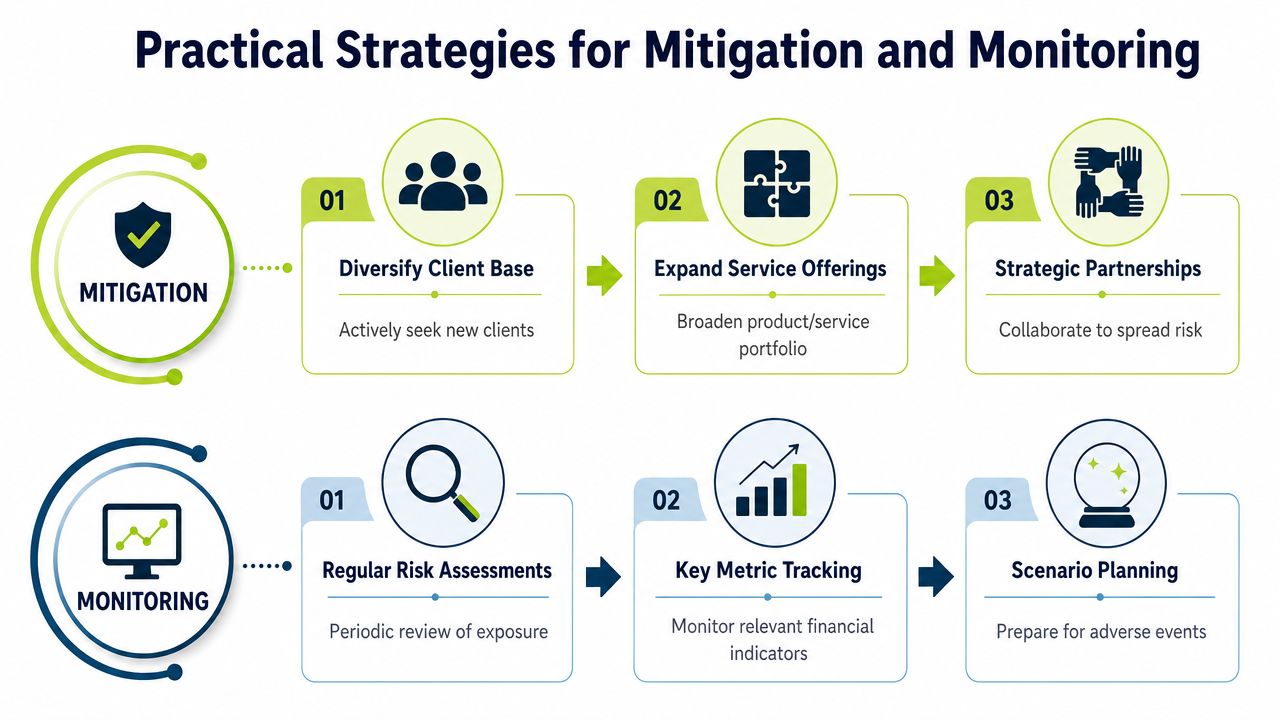 An infographic showing practical strategies for business risk mitigation and monitoring across six key steps.