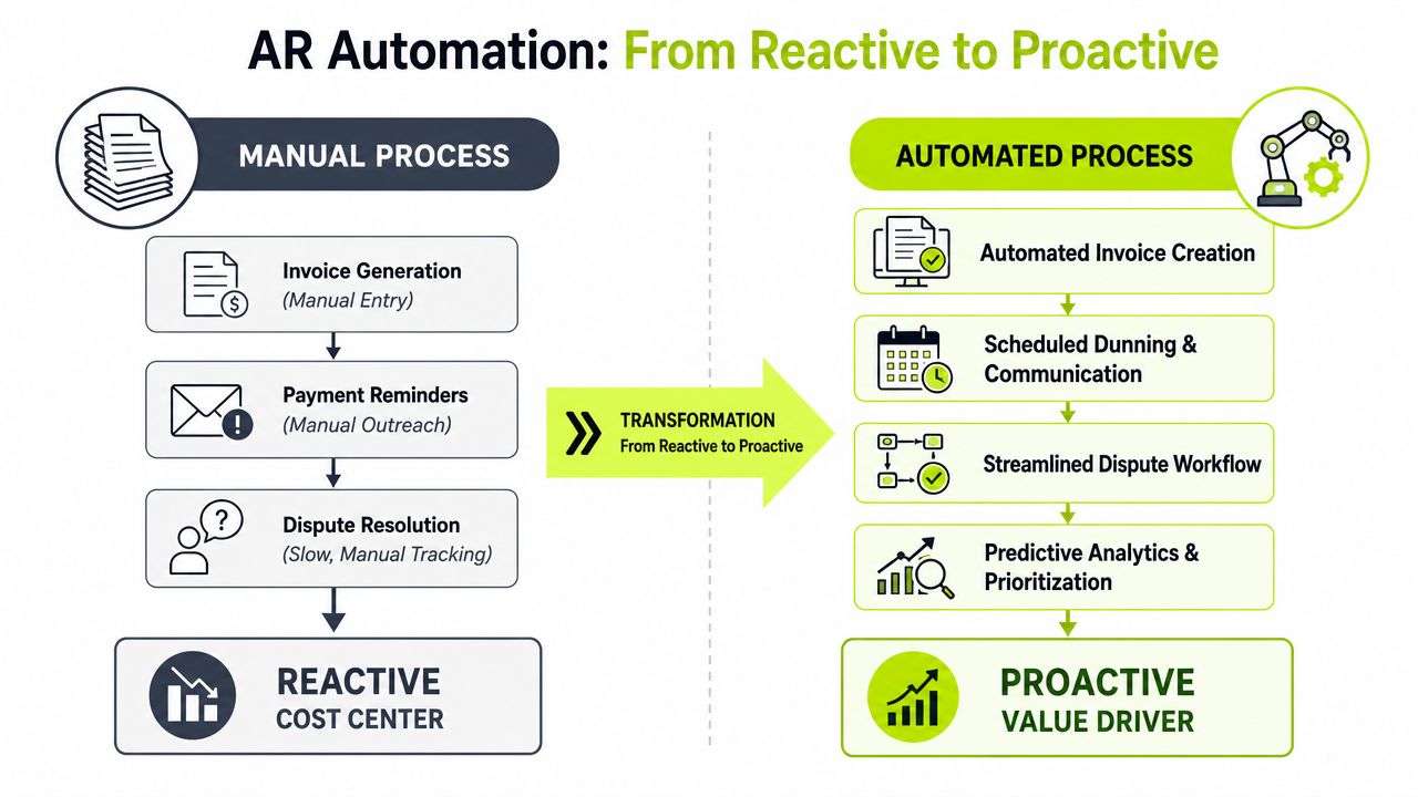 A diagram comparing manual reactive Accounts Receivable processes against automated proactive value-driven workflows.