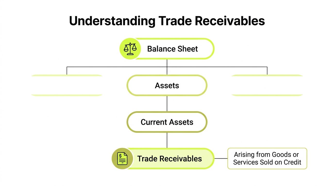 A flowchart showing the hierarchy of trade receivables within a company balance sheet and current assets structure.